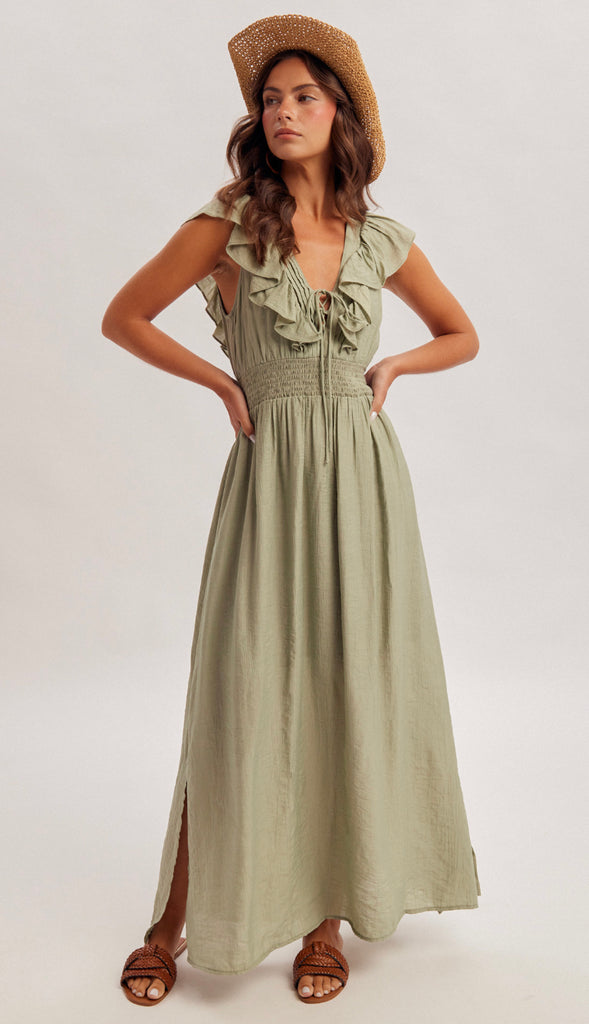 Willa Lace Up Midi Dress- Sage