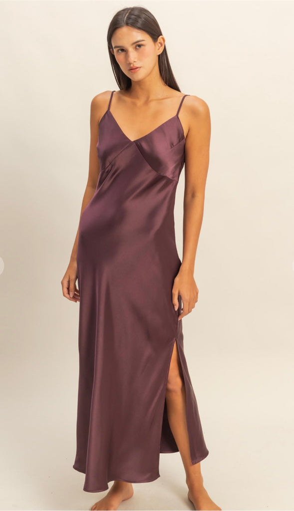 Harper Satin Midi Dress- Chestnut