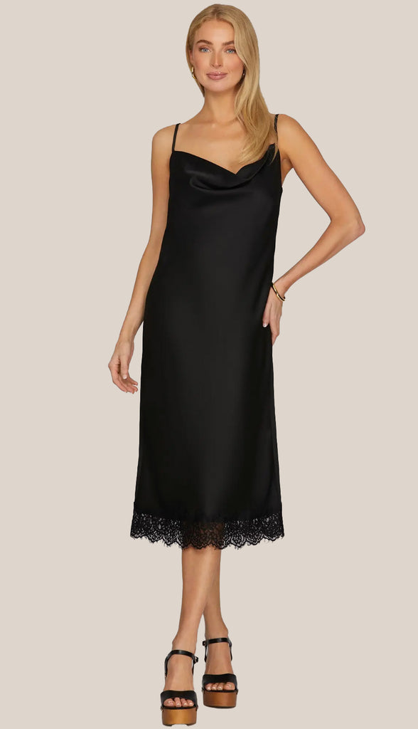 Simple Elegance Cowl Midi Dress With Lace- Black