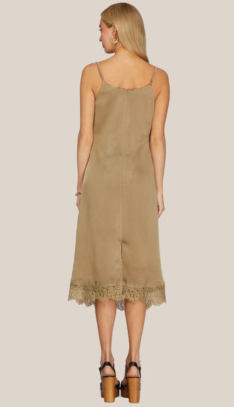 Simple Elegance Cowl Midi Dress With Lace- Lt. Mocha