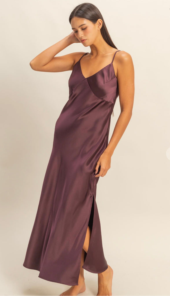 Harper Satin Midi Dress- Chestnut