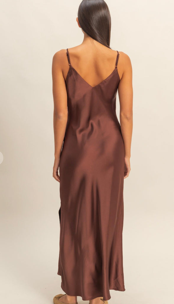 Harper Satin Midi Dress- Chestnut
