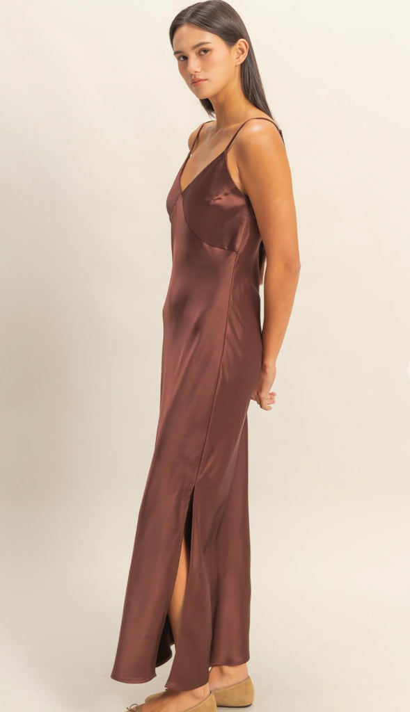 Harper Satin Midi Dress- Chestnut