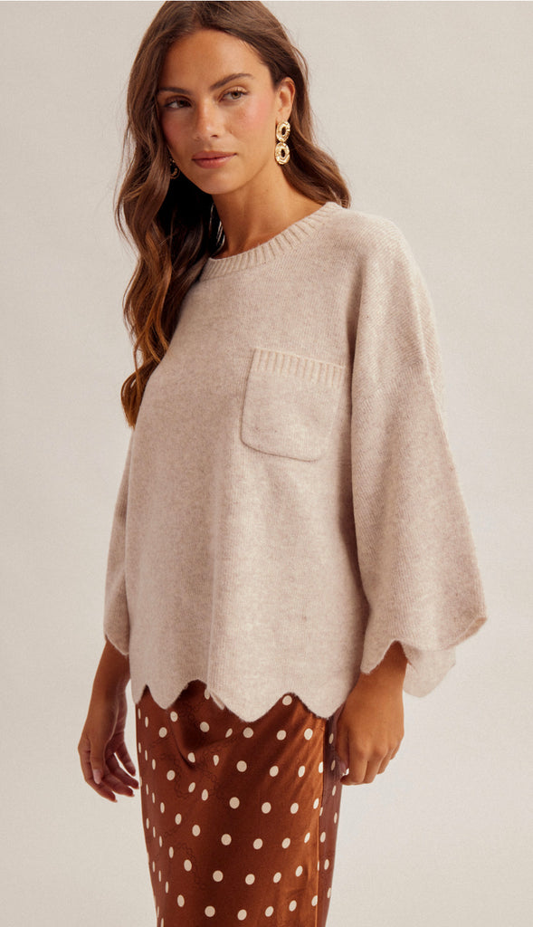 Sadie Scalloped Edge Sweater- Oatmeal