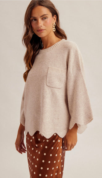 Sadie Scalloped Edge Sweater- Oatmeal