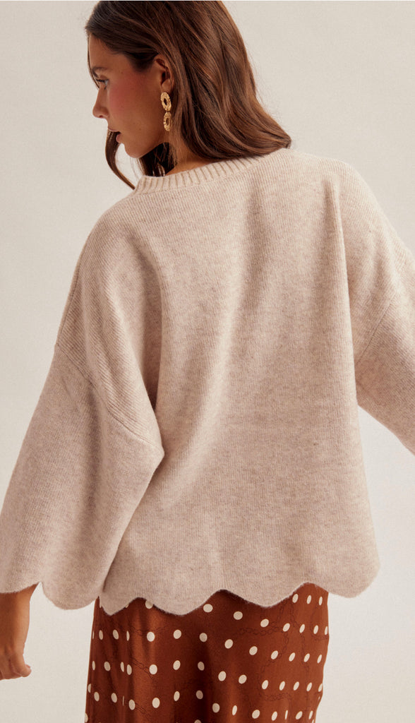 Sadie Scalloped Edge Sweater- Oatmeal
