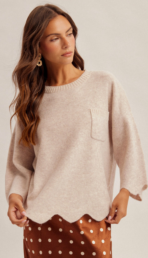 Sadie Scalloped Edge Sweater- Oatmeal