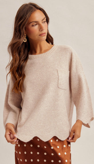 Sadie Scalloped Edge Sweater- Oatmeal