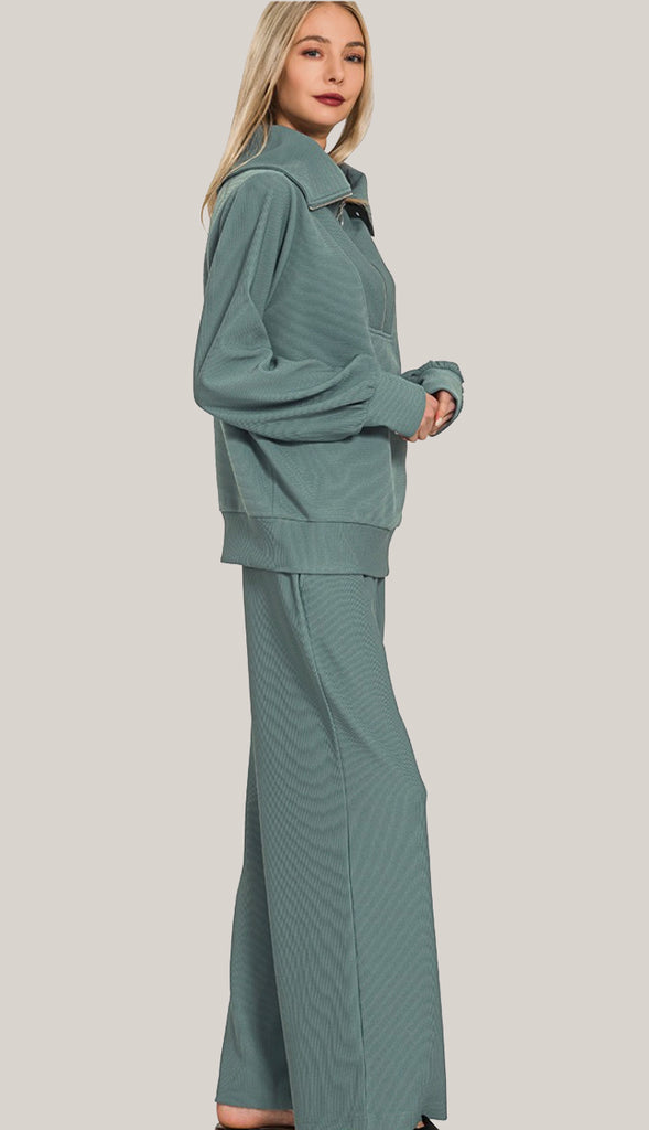 Cozy Today Ribbed Half Zip Pullover & Pants Set- Ash Mocha