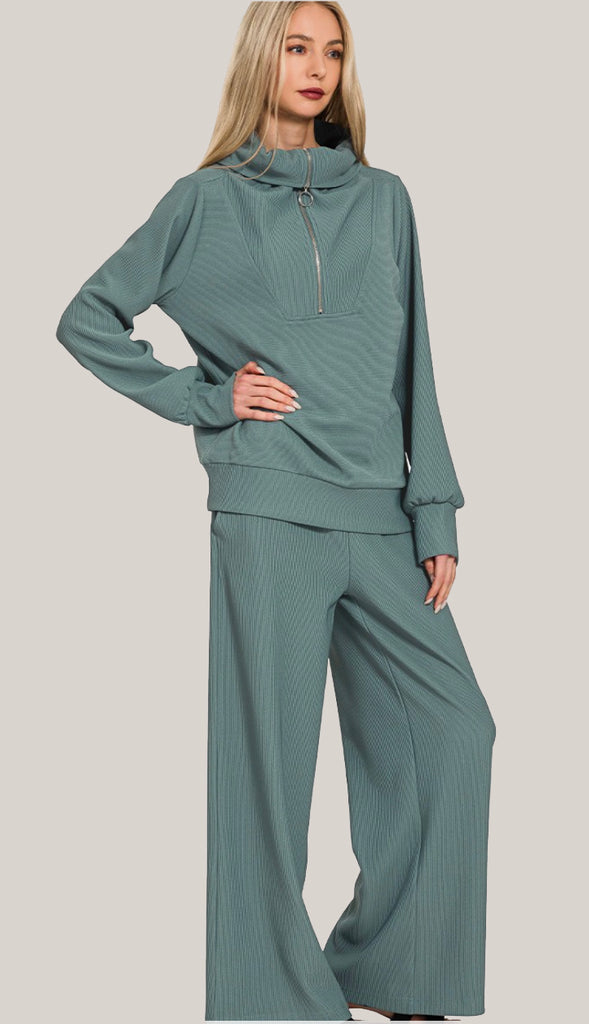 Cozy Today Ribbed Half Zip Pullover & Pants Set- Ash Mocha