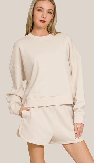 Taylor Fleece Sweatshirt & Short Set- Sand Beige