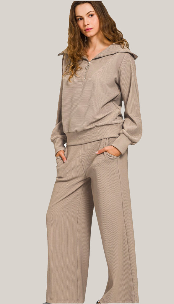 Cozy Today Ribbed Half Zip Pullover & Pants Set- Ash Mocha