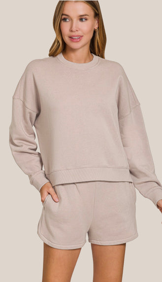 Taylor Fleece Sweatshirt & Short Set- Ash Mocha