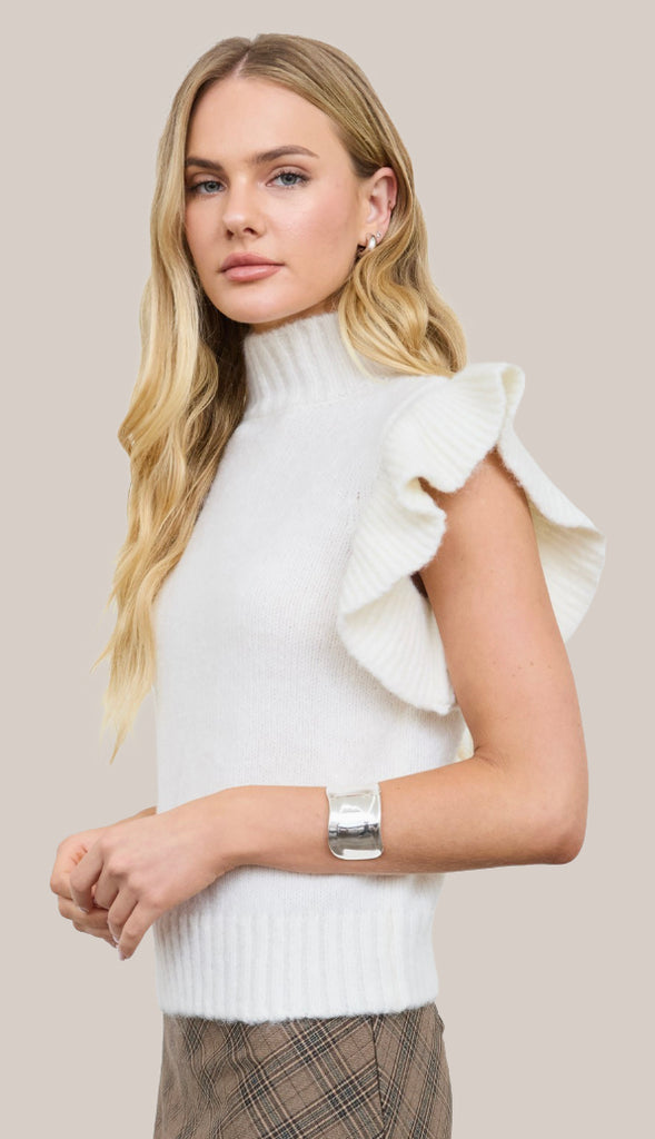 Greta Ruffle Sleeve Mock Neck Sweater- Taupe