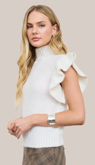 Greta Ruffle Sleeve Mock Neck Sweater- Oatmeal/Cream