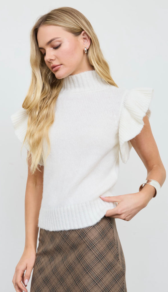 Greta Ruffle Sleeve Mock Neck Sweater- Oatmeal/Cream