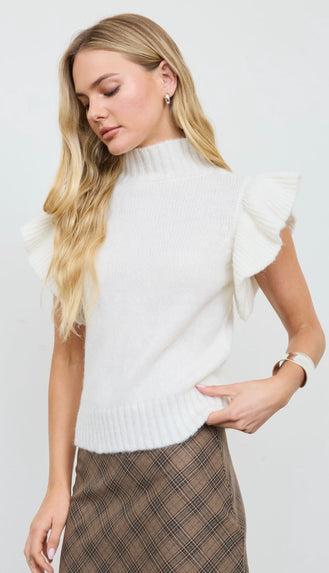 Greta Ruffle Sleeve Mock Neck Sweater- Oatmeal/Cream