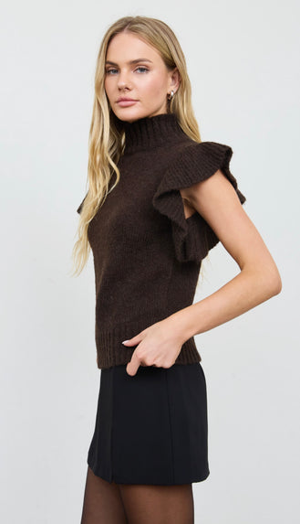 Greta Ruffle Sleeve Mock Neck Sweater- Dark Brown