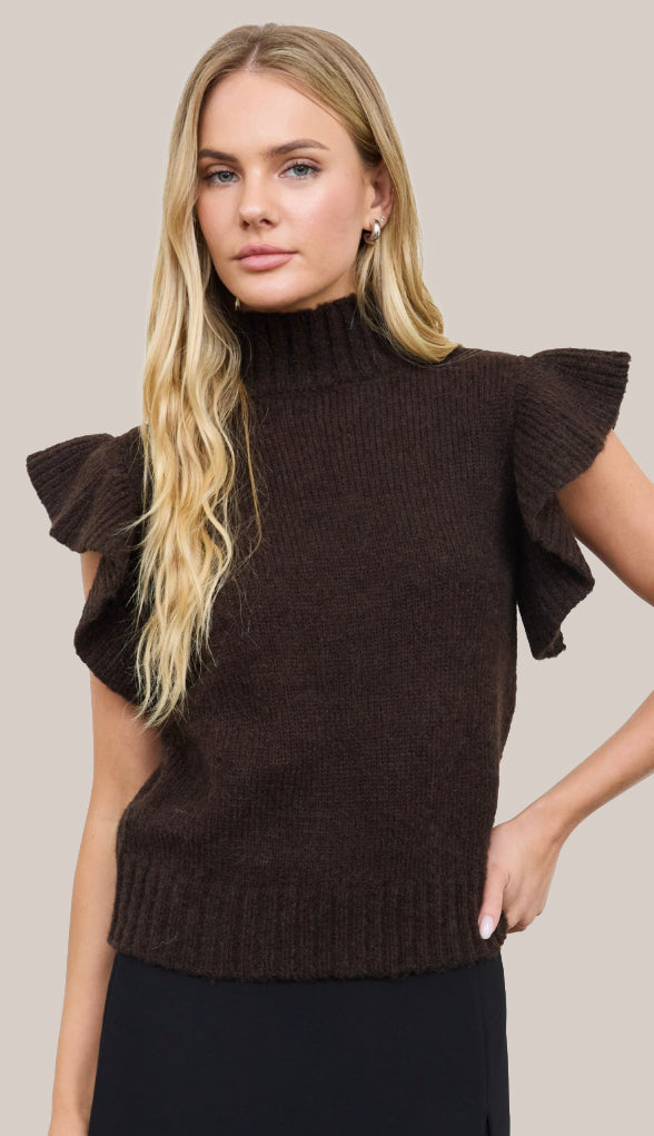 Greta Ruffle Sleeve Mock Neck Sweater- Dark Brown