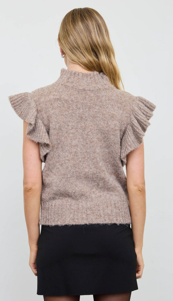 Greta Ruffle Sleeve Mock Neck Sweater- Taupe