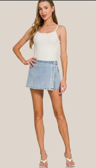 Wrap Front Denim Skort- Light Wash