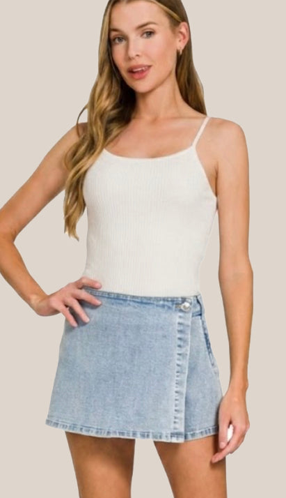 Wrap Front Denim Skort- Light Wash