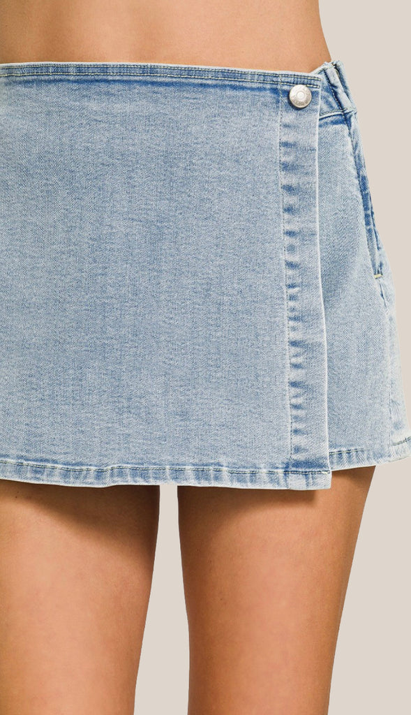 Wrap Front Denim Skort- Light Wash