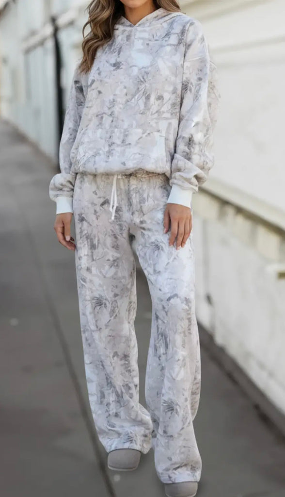 Snow Camo Abstract Print Hoodie & Pants Set- Light Grey