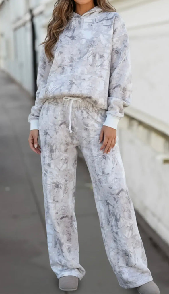 Snow Camo Abstract Print Hoodie & Pants Set- Light Grey