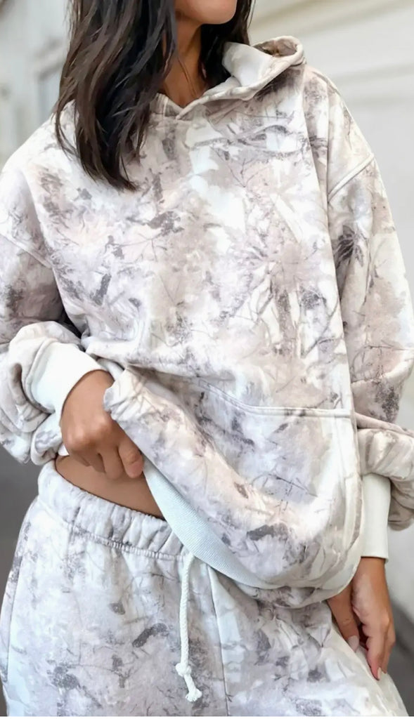Snow Camo Abstract Print Hoodie & Pants Set- Light Grey