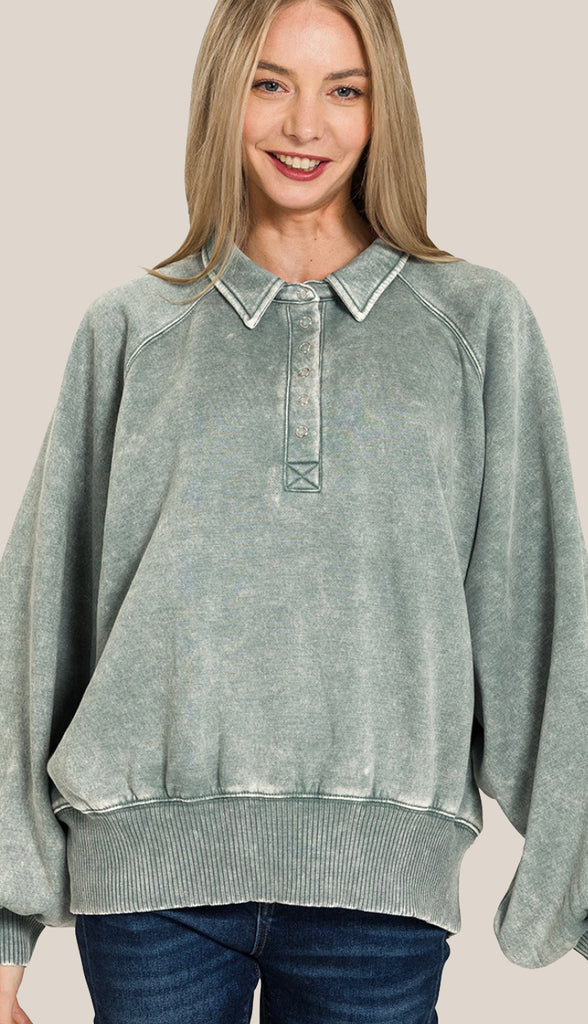 Call It Cozy Acid Wash Fleece Button Pullover- Lt Plum