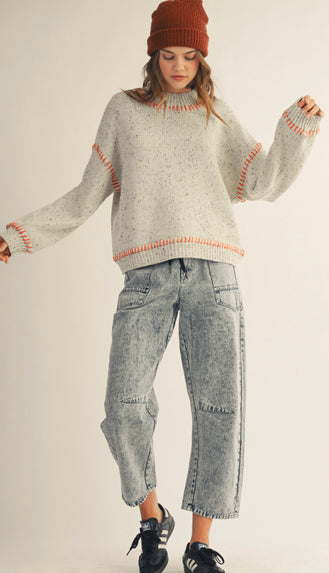 Stitched Relaxed Fit Ribbed Sweater- Light Grey/Rust
