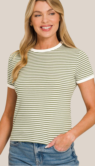 Bryn Striped Contrast Trim Ribbed Tee- Lt. Olive