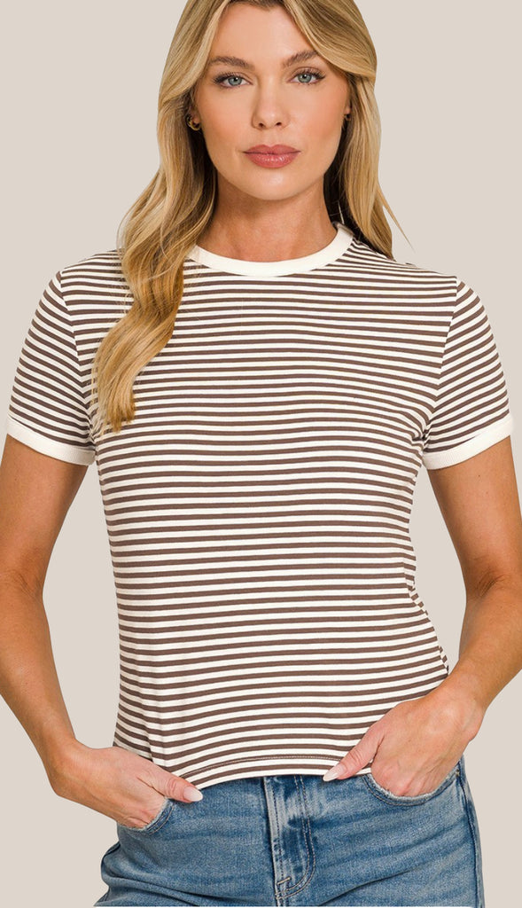 Bryn Striped Contrast Trim Ribbed Tee- Lt. Olive