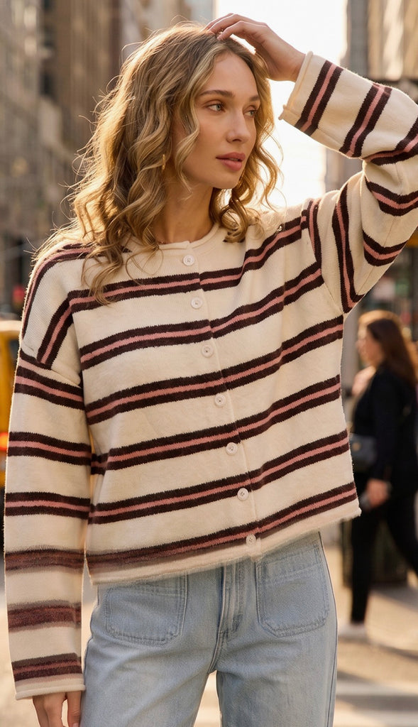 Seasons Change Striped Button Front Cardigan- Cream/Brown/Pink