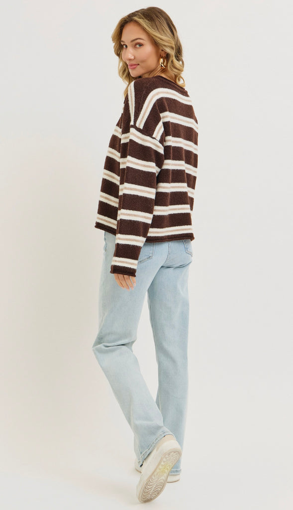 Seasons Change Striped Button Front Cardigan- Cream/Brown/Pink
