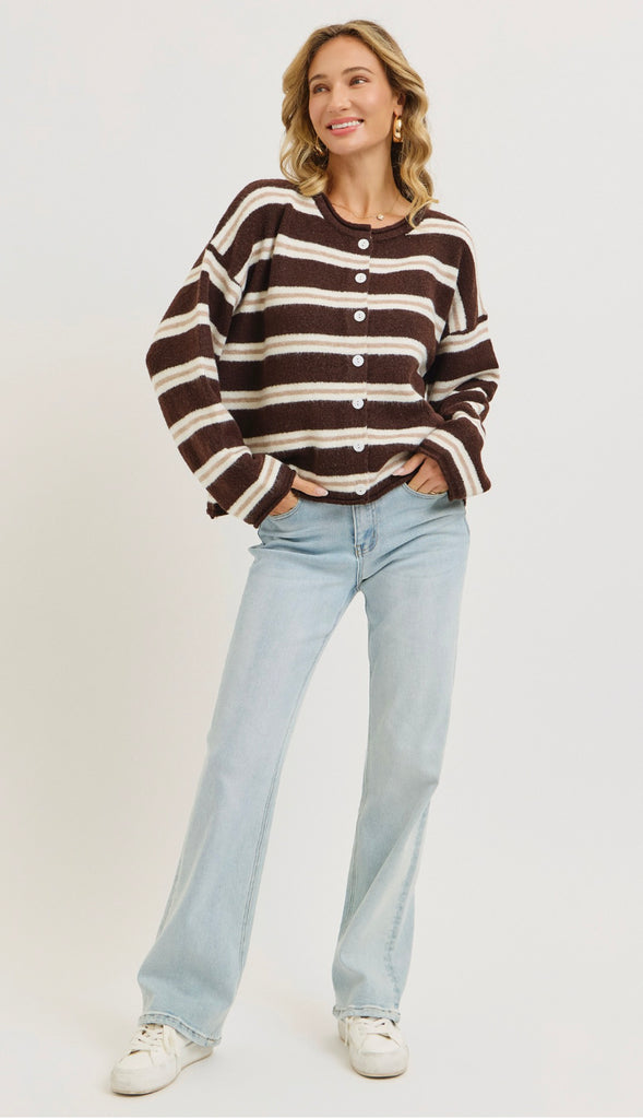 Seasons Change Striped Button Front Cardigan- Brown/Cream/Taupe