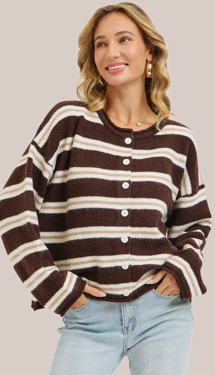 Seasons Change Striped Button Front Cardigan- Brown/Cream/Taupe