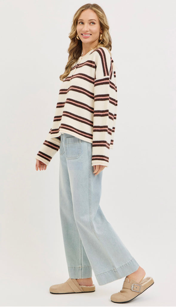 Seasons Change Striped Button Front Cardigan- Brown/Cream/Taupe