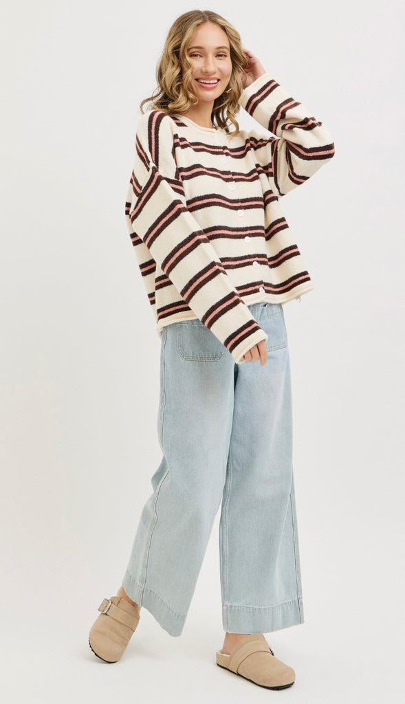 Seasons Change Striped Button Front Cardigan- Cream/Brown/Pink