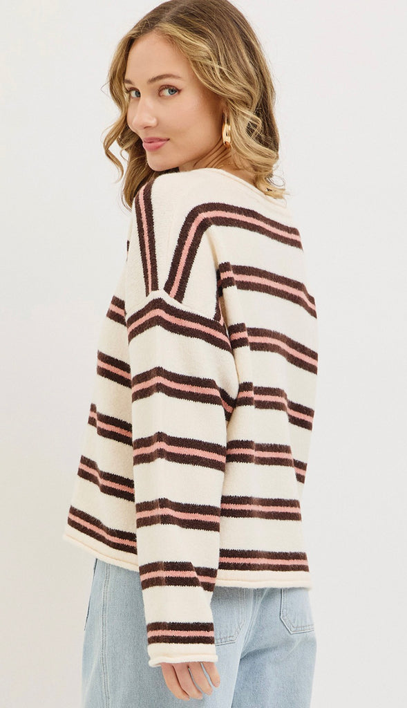 Seasons Change Striped Button Front Cardigan- Brown/Cream/Taupe
