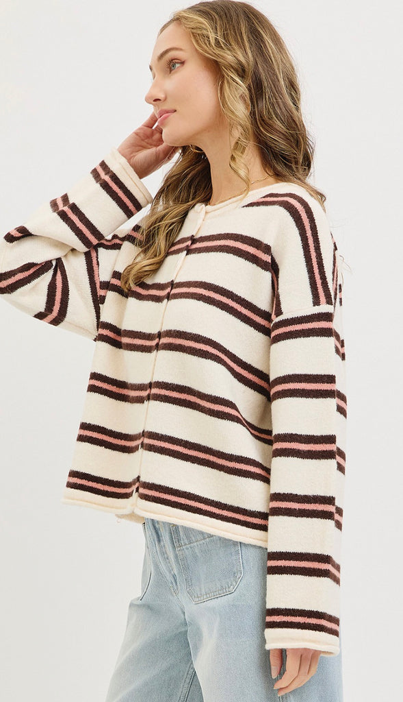 Seasons Change Striped Button Front Cardigan- Cream/Brown/Pink