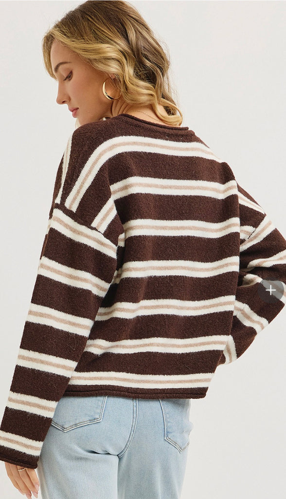 Seasons Change Striped Button Front Cardigan- Brown/Cream/Taupe