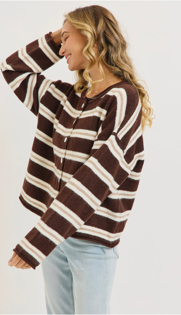 Seasons Change Striped Button Front Cardigan- Brown/Cream/Taupe