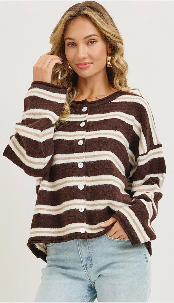 Seasons Change Striped Button Front Cardigan- Brown/Cream/Taupe