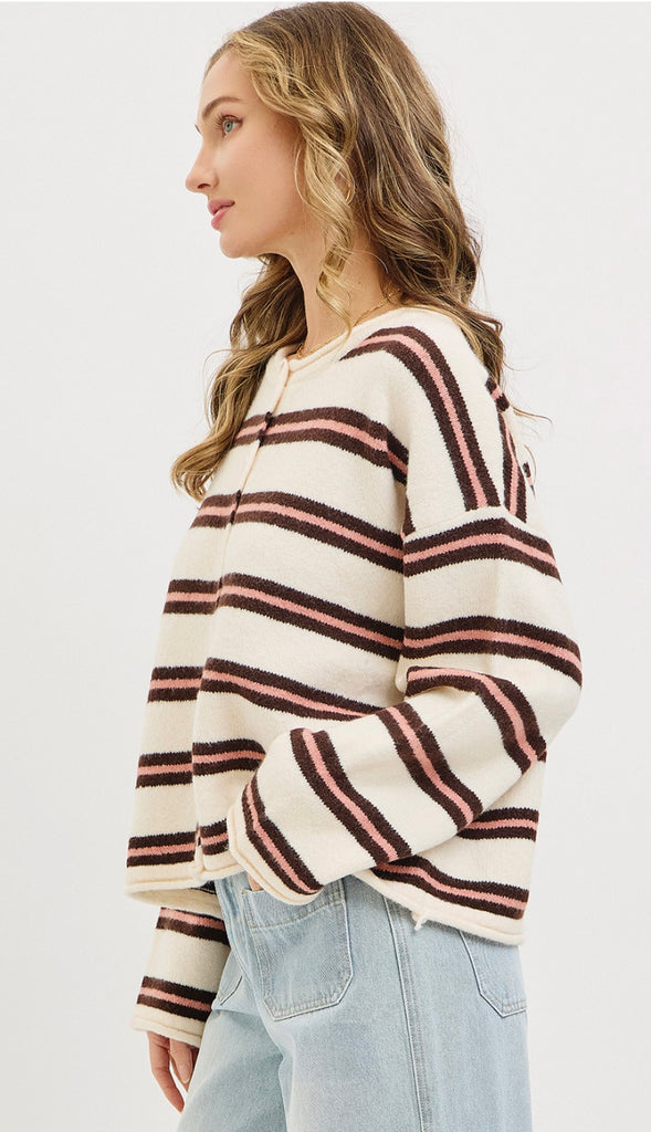 Seasons Change Striped Button Front Cardigan- Cream/Brown/Pink