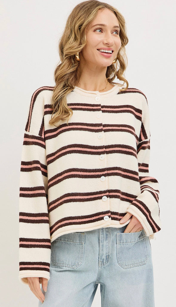 Seasons Change Striped Button Front Cardigan- Cream/Brown/Pink
