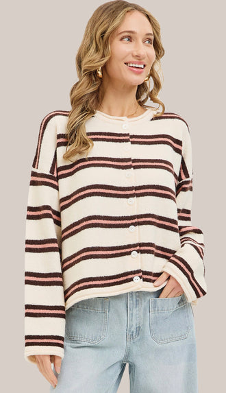 Seasons Change Striped Button Front Cardigan- Cream/Brown/Pink