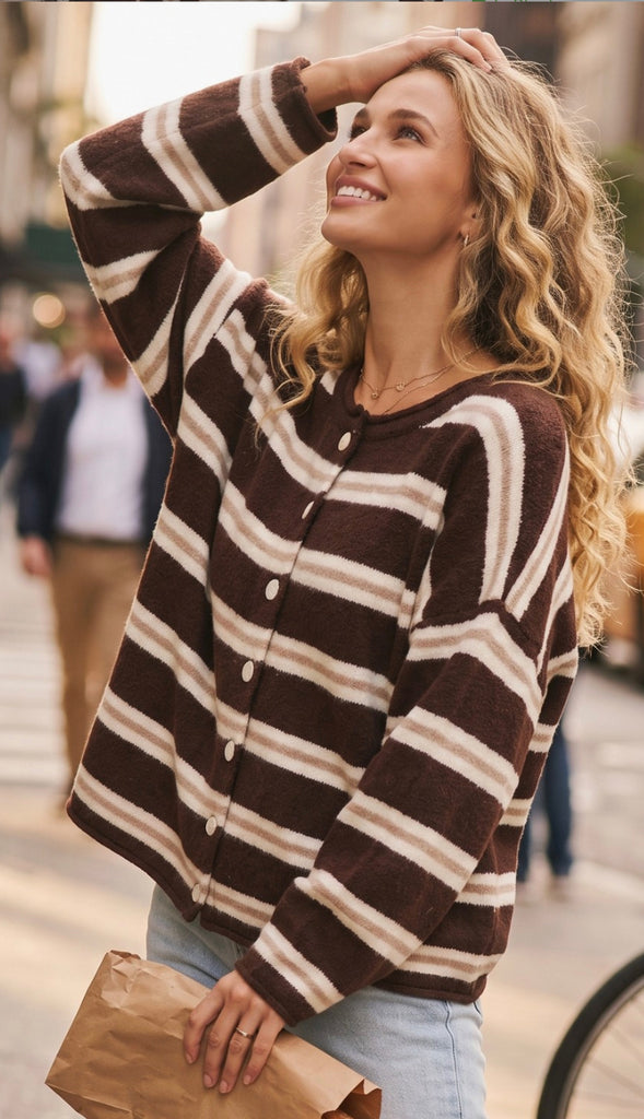Seasons Change Striped Button Front Cardigan- Brown/Cream/Taupe