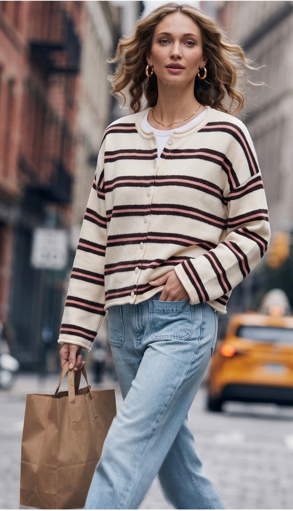 Seasons Change Striped Button Front Cardigan- Brown/Cream/Taupe